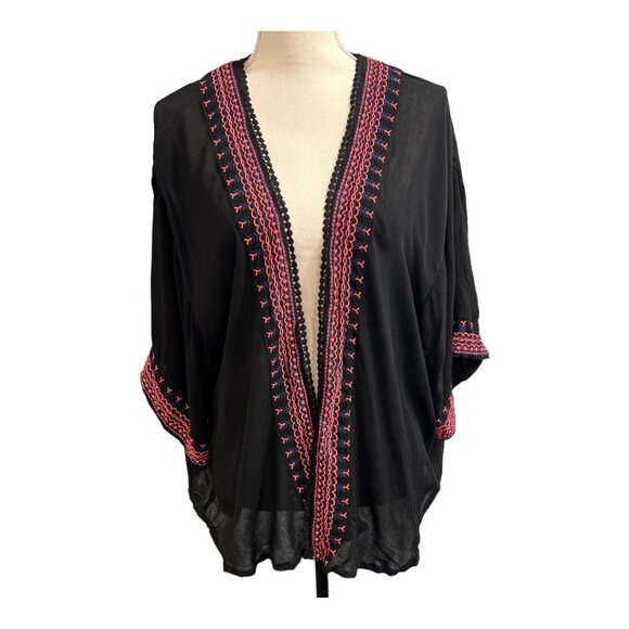 Liquorish Kimono Womens S/M Black Gauzy Pink Embroidered‎ Trim Cover Up Boho - Picture 1 of 6